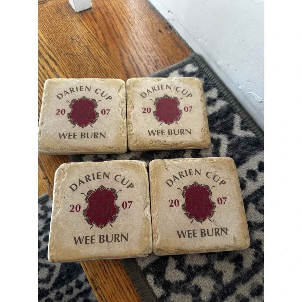 Set Of 4 Tumbled Marble Coasters Darien Cup Weeburn‎ Country Club 2007 CT Logo